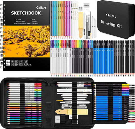 176PCS Art Supplies Sketching Kit with 100 Sheets 3-Color Sketch Book, Graphite Colored Charcoal Watercolor & Metallic Pencils, School Supplies Gifts for Artists Adults Teens Girls Boys Kids