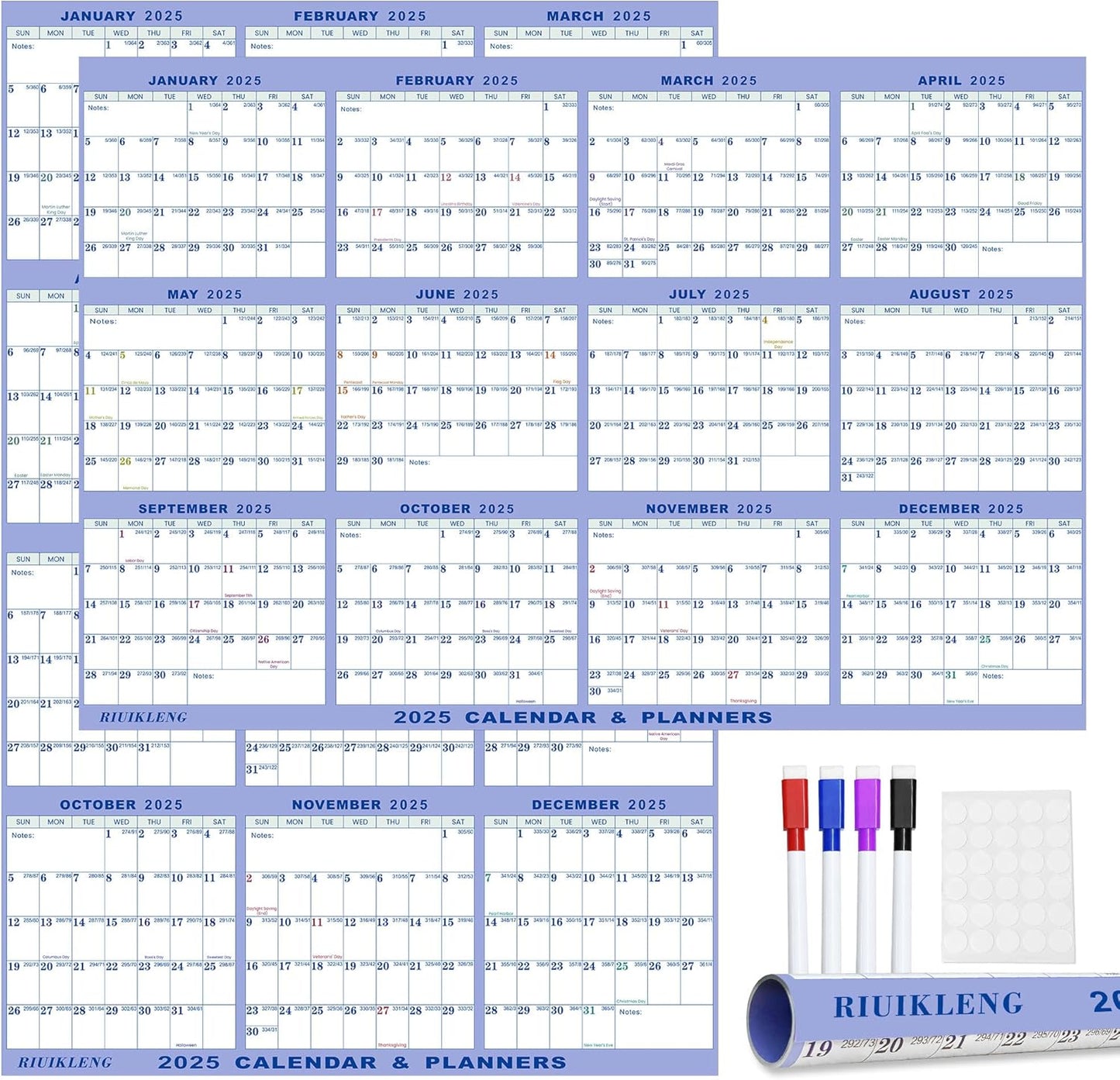 32" X 48" 2025 Wall Calendar, Wet & Dry Erase Wall Calendar 12 Month, Annual Yearly Planner Yearly Laminated Calendar 2025 Horizontal/Vertical, with Julian Dates