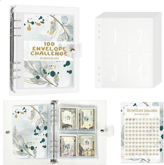 100 Envelope Savings Challenge Binder, Budget Binder for Planning and Saving $5050, Daily Savings Planner, Easy and Fun Way to save $5,050, Greenery