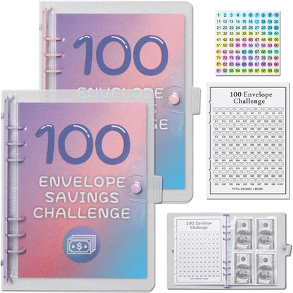 2 Pack 100 Envelopes Money Saving Challenge Binder, A5 Budget Binder with Cash Envelopes, Savings Challenge Book, Budgeting Planning Tracker to save $5,050