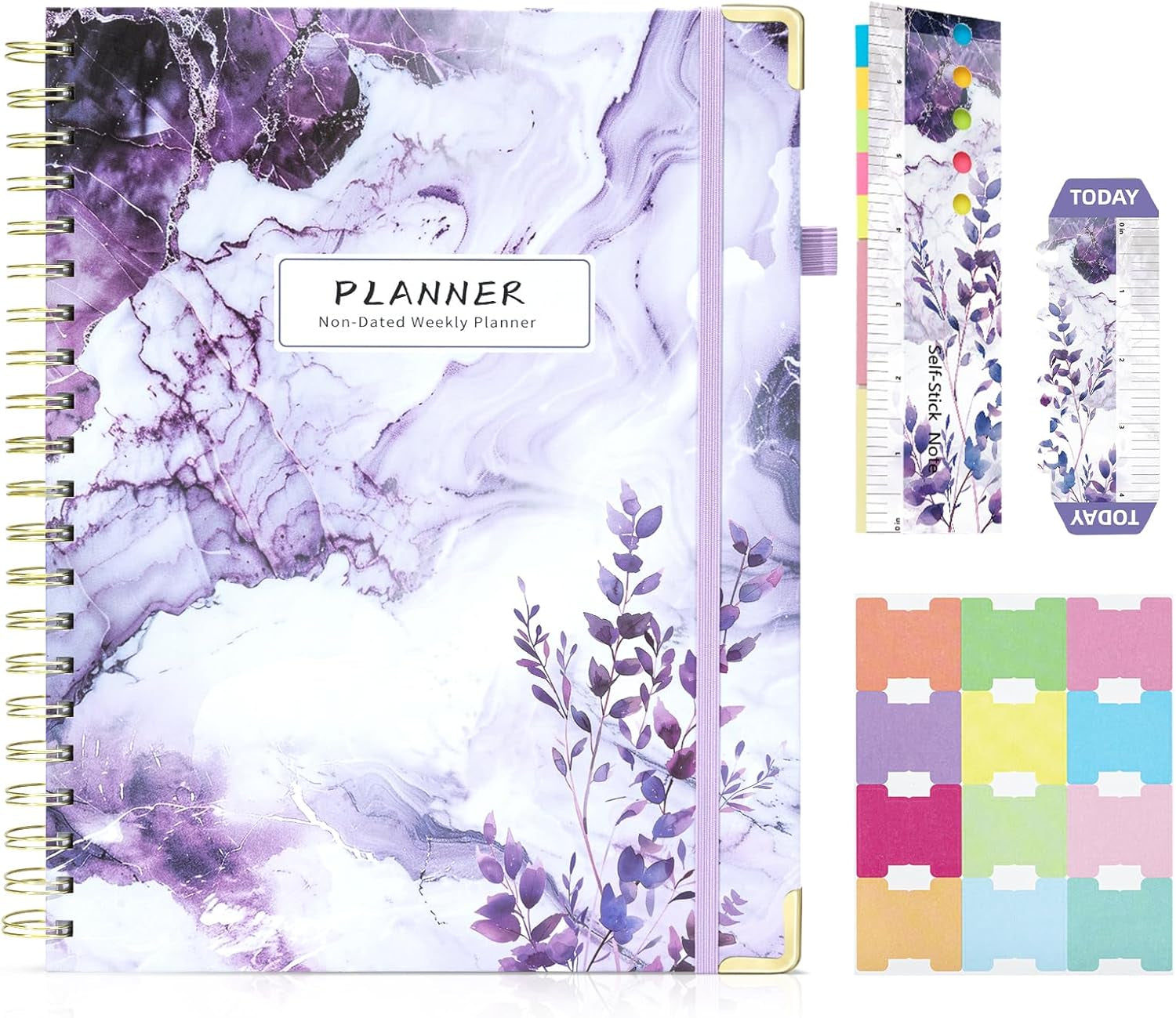 Academic Planner Undated Daily Spiral Binding Weekly Monthly Hardcover Planners with Stickers 12 Months Productivity Aesthetic Journey Letter Size Purple Marble