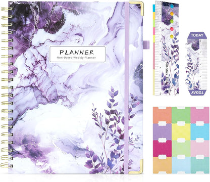 Academic Planner Undated Daily Spiral Binding Weekly Monthly Hardcover Planners with Stickers 12 Months Productivity Aesthetic Journey Letter Size Purple Marble