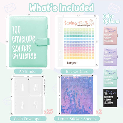 100 Envelopes Challenge Binder, A5 Money Saving Budget Binder with Cash Envelopes, Savings Challenges Book (Blue)