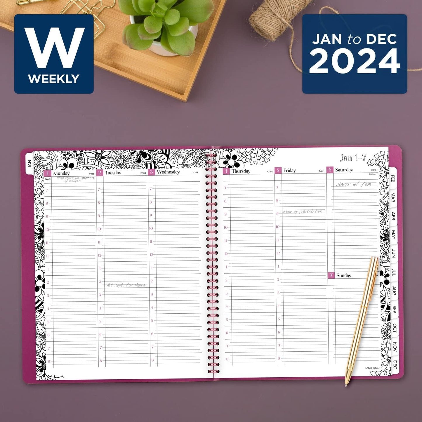 2024 Weekly & Monthly Appointment Book, 8-1/2" X 11", Large, Premium, Floradoodle, White, Black (589-905-24)