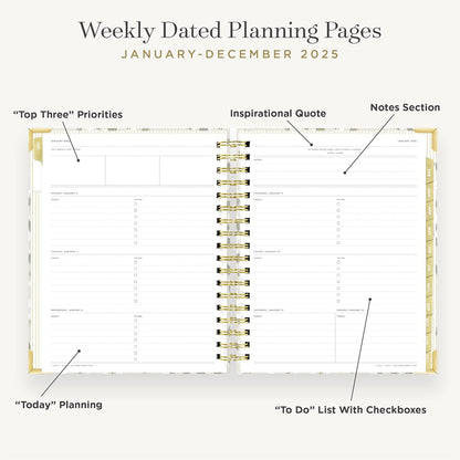 2025 Weekly Planner – Premium Planner for Stylish Organization. Combines Weekly & Monthly Calendars, Daily Schedule, Notes Pages, Goal Setting, Stickers, Pocket & More. Elegant Laminated Cover with Gold Accents (Chic Design)