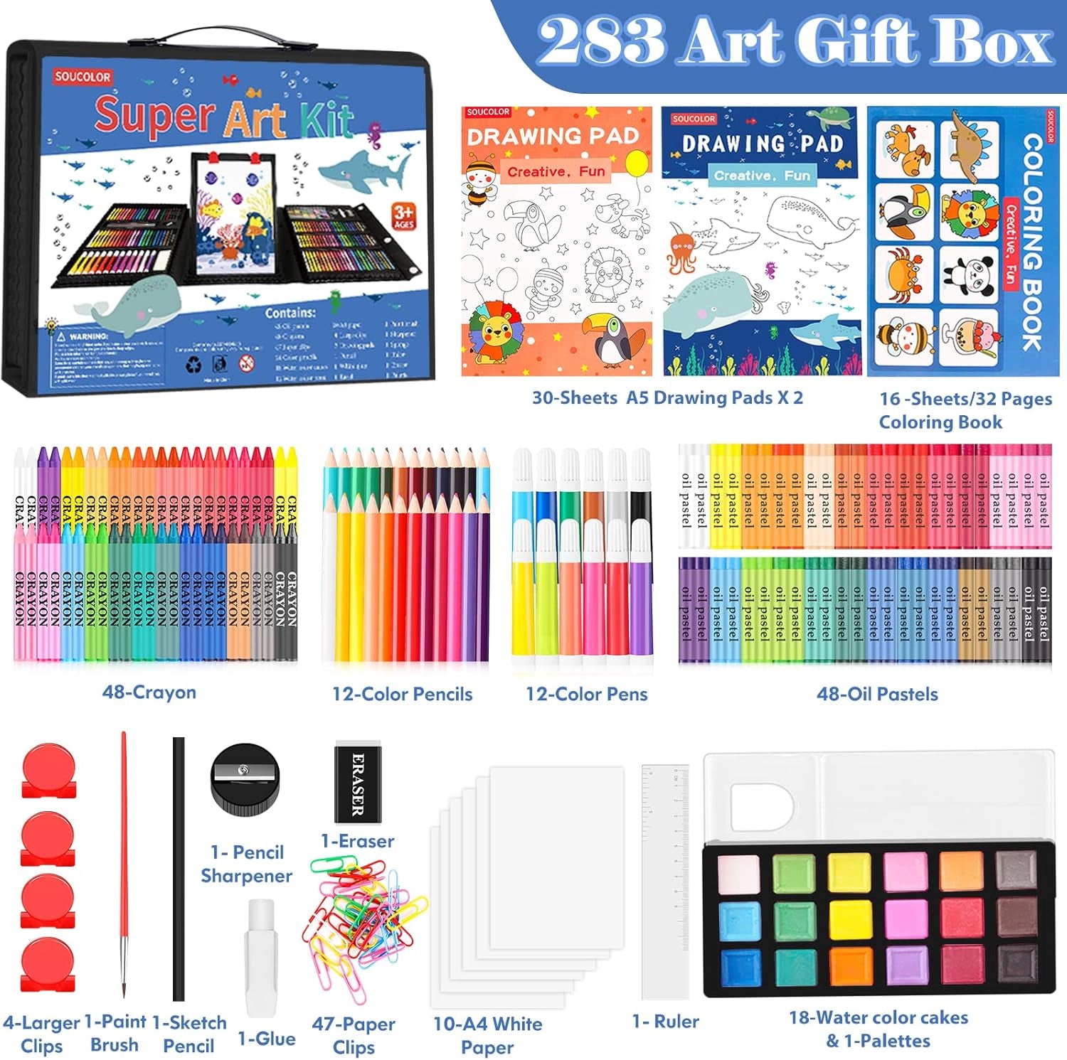 Art Supplies, 283 Pieces Drawing Set Art Kits with Trifold Easel, 2 Drawing Pads, 1 Coloring Book, Crayons, Pastels, Arts and Crafts Gifts Case for Kids Girls Boys Teens Beginners