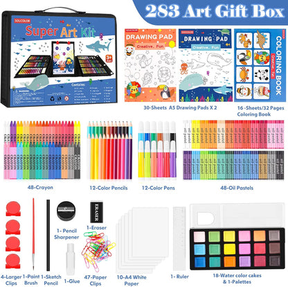 Art Supplies, 283 Pieces Drawing Set Art Kits with Trifold Easel, 2 Drawing Pads, 1 Coloring Book, Crayons, Pastels, Arts and Crafts Gifts Case for Kids Girls Boys Teens Beginners