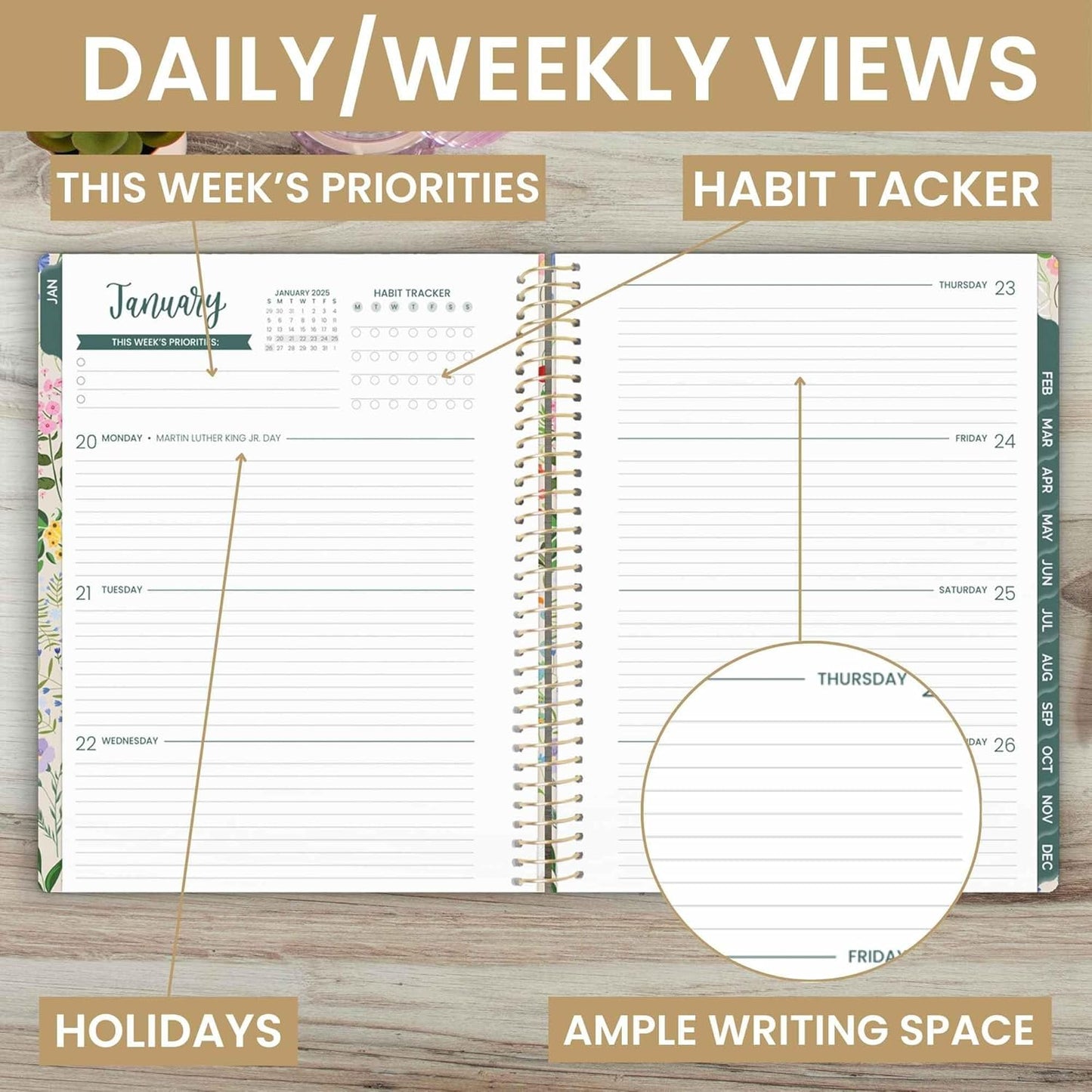 2025 Planner (8.5" X 11") Calendar Year Day Planner (January 2025 - December 2025) - Weekly & Monthly Dated Agenda Organizer with Stickers & Tabs - Garden Party, Beige