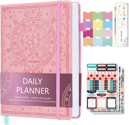 2025 Leather Undated Daily Planner (5.5 X 8.5''), Weekly & Monthly Life Planner, Organizer Notebook & Productivity Journal. A5 Hardcover with Stickers(Pink)