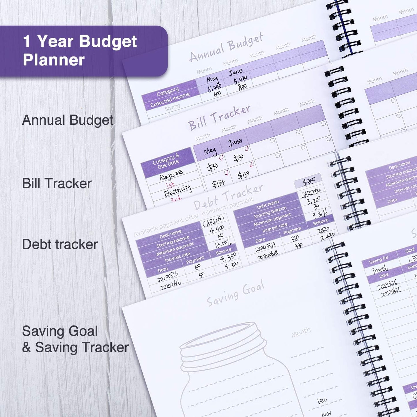 Monthly Budget Planner Book (Undated) with 12 Pockets for Income, Debt, Saving, Expense and Bill Tracker Organizer, Purple, Spiral Design