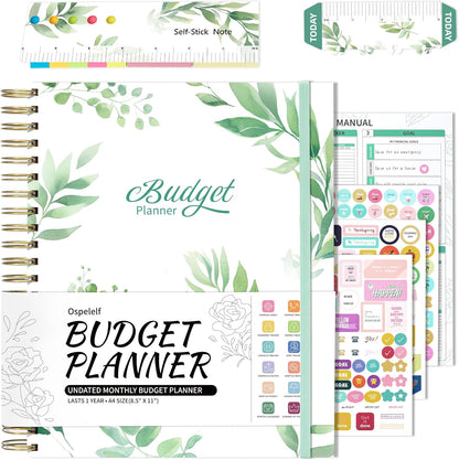 Budget Planner 2025, Spiral Budget Planner and Monthly Bill Organizer with Stickers, 8.5 X 11" Financial Planner Expense Tracker, Undated Budget Book with 12 Pockets (Green)