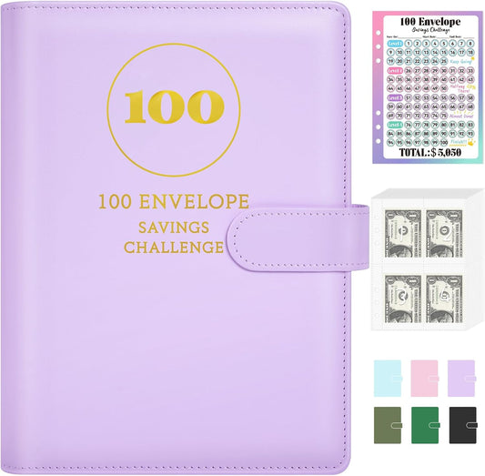 100 Envelopes Money Saving Challenge, A5 Savings Challenge Book to save $5,050, Money Saving Binder with Reusable Tracker, save Challenge Book Challenge Kit with Cash Envelope, Purple