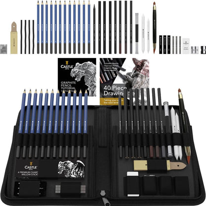 Graphite Drawing Pencils and Sketch Set (40-Piece Kit), Complete Artist Kit Includes Charcoals, Pastels and Zippered Carry Case, Rare Pop-Up Stand