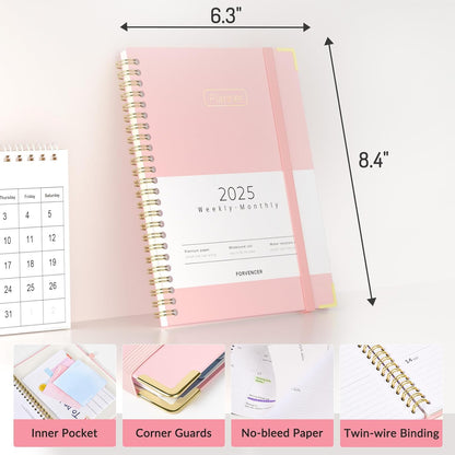 2025 Planner, Hardcover Weekly and Monthly Planner, January 2025 - December 2025, 6" X 8", Spiral Calendar Planner with Tabs, Exquisite Daily Organizer Notebook with Inner Pocket, Agenda Journal for Office Home School, A5 Size, Pink