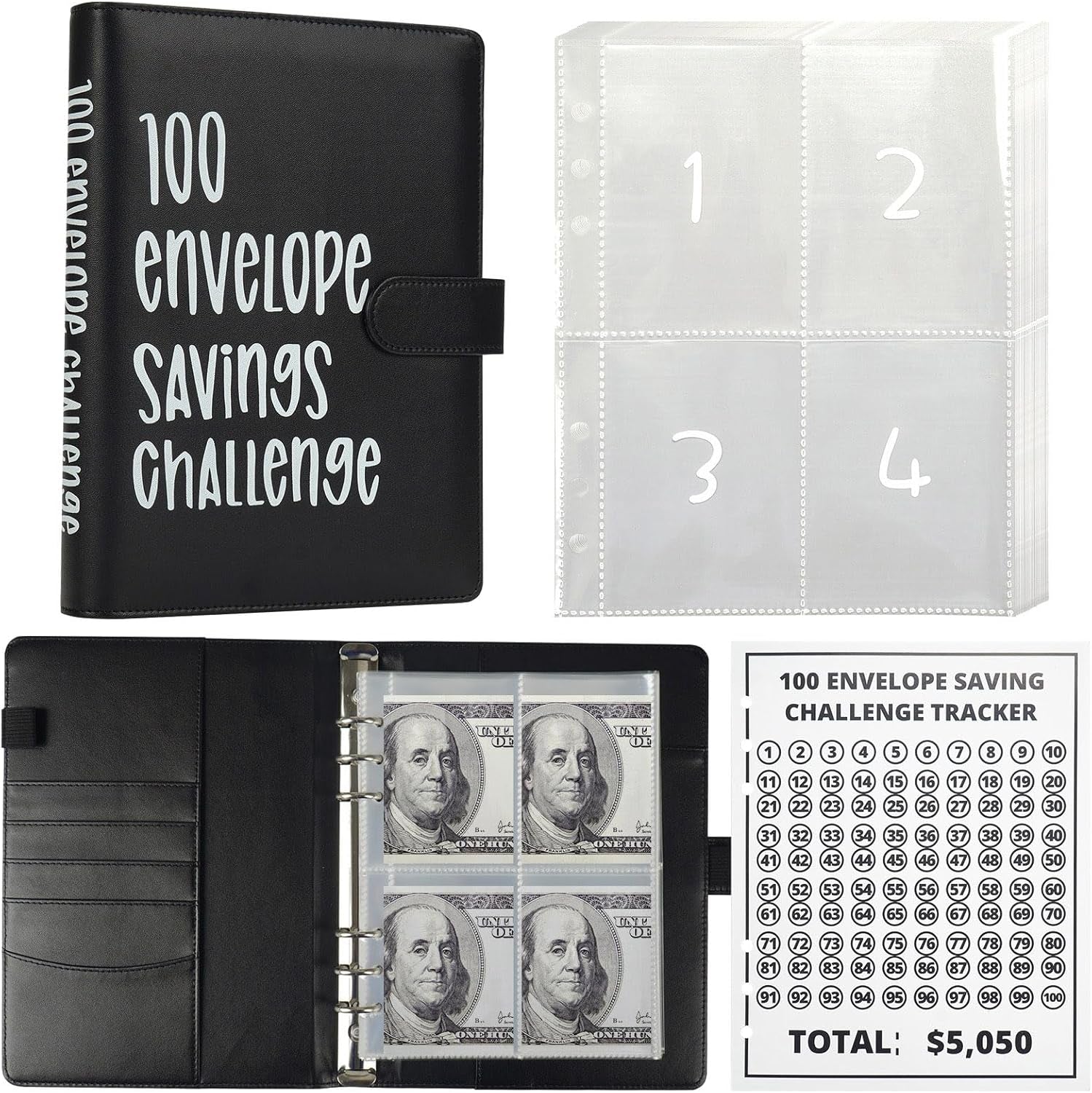 100 Envelopes Money Saving Challenge Binder Budget Planner, Budget Book with Cash Envelopes Savings Challenge, 52 Week Money Saving Challenge Binder, 4 Envelopes per Page, a Total of 25 Pages