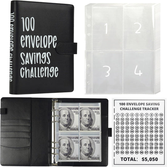 100 Envelopes Money Saving Challenge Binder Budget Planner, Budget Book with Cash Envelopes Savings Challenge, 52 Week Money Saving Challenge Binder, 4 Envelopes per Page, a Total of 25 Pages