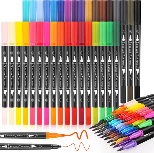 Art Brush Markers Pens for Adult Coloring Books, Aesthetic Cute School Supplies, 34 Colors Numbered Dual Tip (Brush and Fine Point) Marker Pen for Kids Note Taking Planner Calligraphy Drawing