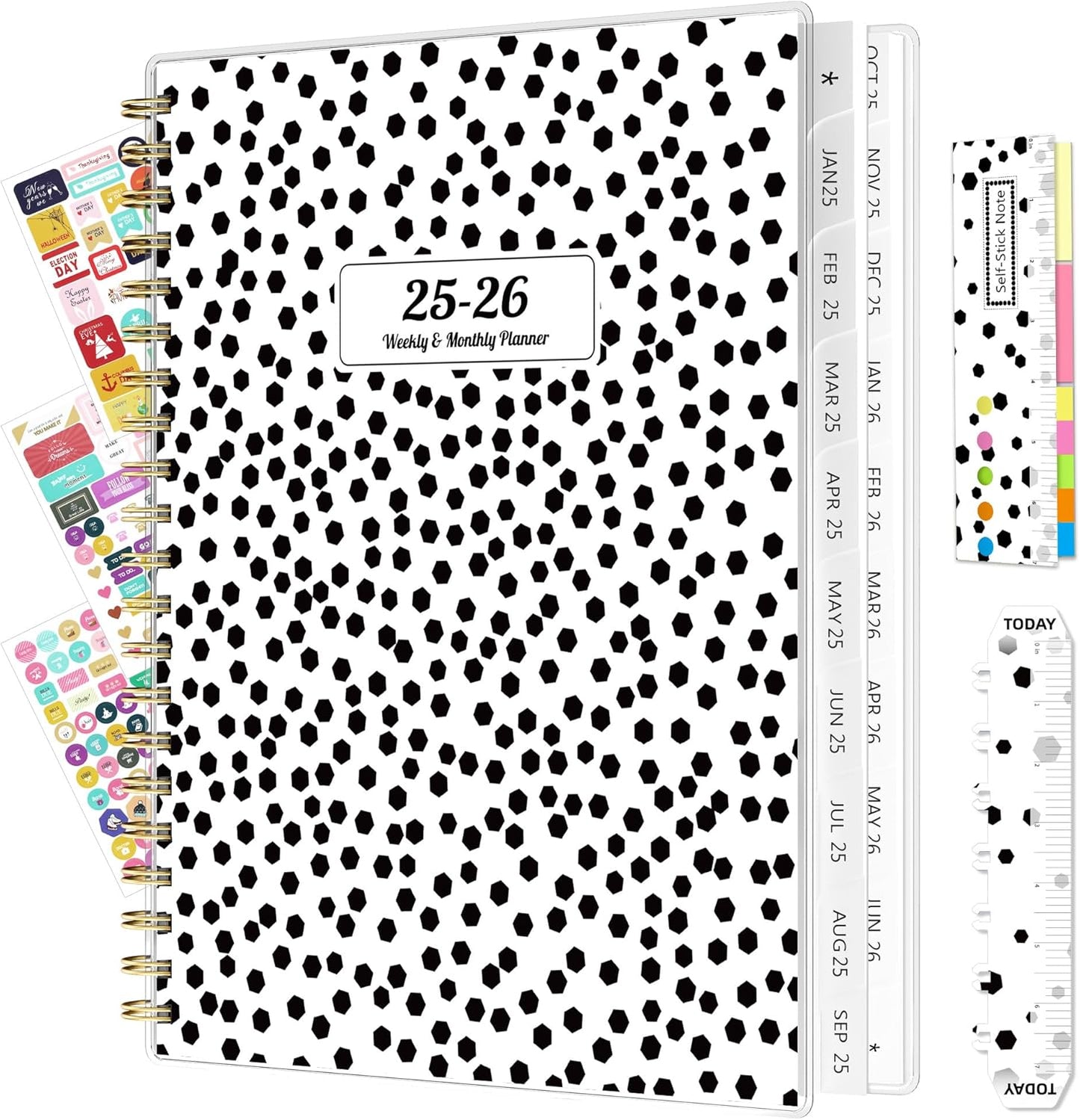 18-Months Planner 2025 2026 Weekly Monthly Planner Calendar Spiral Bound, A4 Office Supplies for Women & Men, PVC Cover Life Planners with Stickers Polka Dots