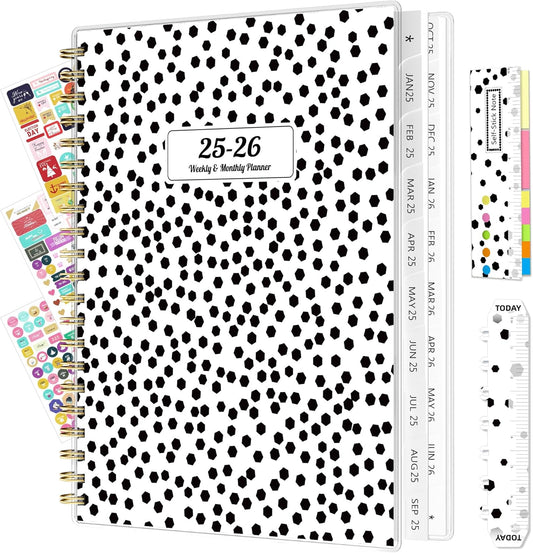 18-Months Planner 2025 2026 Weekly Monthly Planner Calendar Spiral Bound, A4 Office Supplies for Women & Men, PVC Cover Life Planners with Stickers Polka Dots