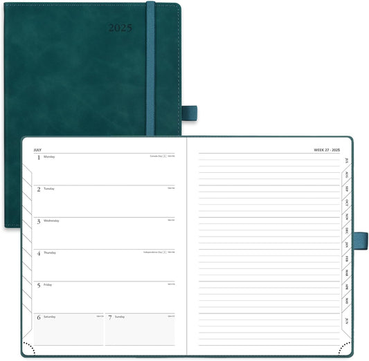 Planner 2025 (6.5'' X 8.5'') 2025 Weekly & Monthly Calendar Notebook for Time Management, Leather Soft Cover, Monthly Tabs, Inner Pocket, 100GSM Thick Paper - Petrol Green