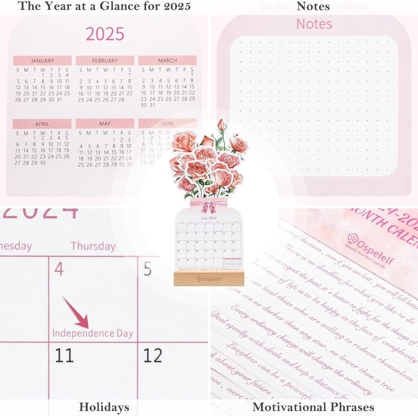 Floral Desk Calendar 2024-2025, Mini Monthly Standing Flip Motivational Rose Decorative Calendars, from July 2024 to June 2025, 12 Months, Home Office Decor Desk Accessories Pink