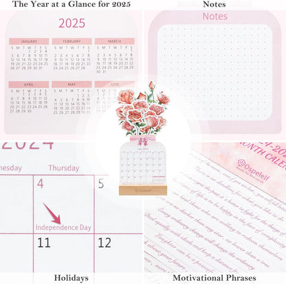 Floral Desk Calendar 2024-2025, Mini Monthly Standing Flip Motivational Rose Decorative Calendars, from July 2024 to June 2025, 12 Months, Home Office Decor Desk Accessories Pink