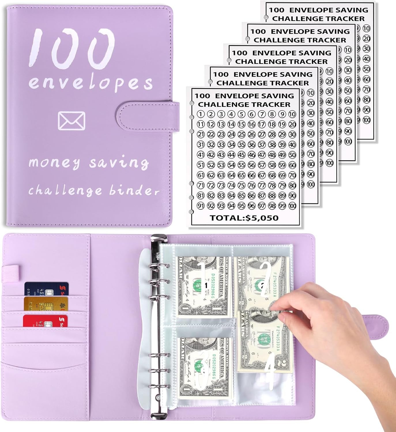 100 Envelopes Money Saving Challenge Binder Kit, Fun Budget Binder Book Organizer with Cash Envelopes for 100 Day Cash Stuffing, Budgeting, Money Saving Box Replacement, 1 Set Purple