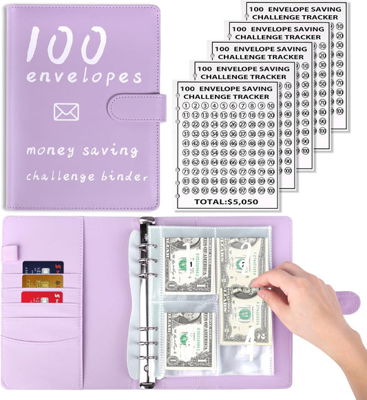 100 Envelopes Money Saving Challenge Binder Kit, Fun Budget Binder Book Organizer with Cash Envelopes for 100 Day Cash Stuffing, Budgeting, Money Saving Box Replacement, 1 Set Purple