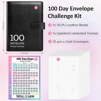 Savings Book 100 Envelopes Money Saving Challenge Book with Laminated Tracker, A5 Money Saving Budget Binder with Cash Envelopes to save $5,050, Black