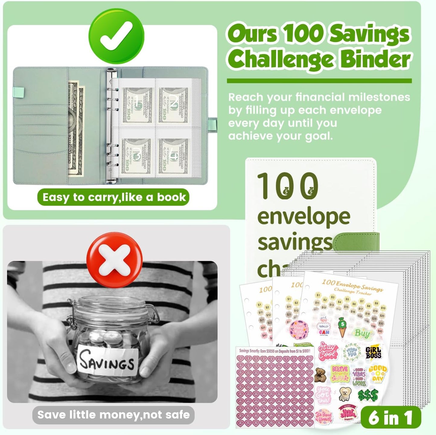 100 Envelopes Money Saving Challenge, 100 Envelope Challenge Binder, A5 Savings Challenges Book with Envelopes, Savings Challenges Budget Book Binder for Office,Home,School (Green)