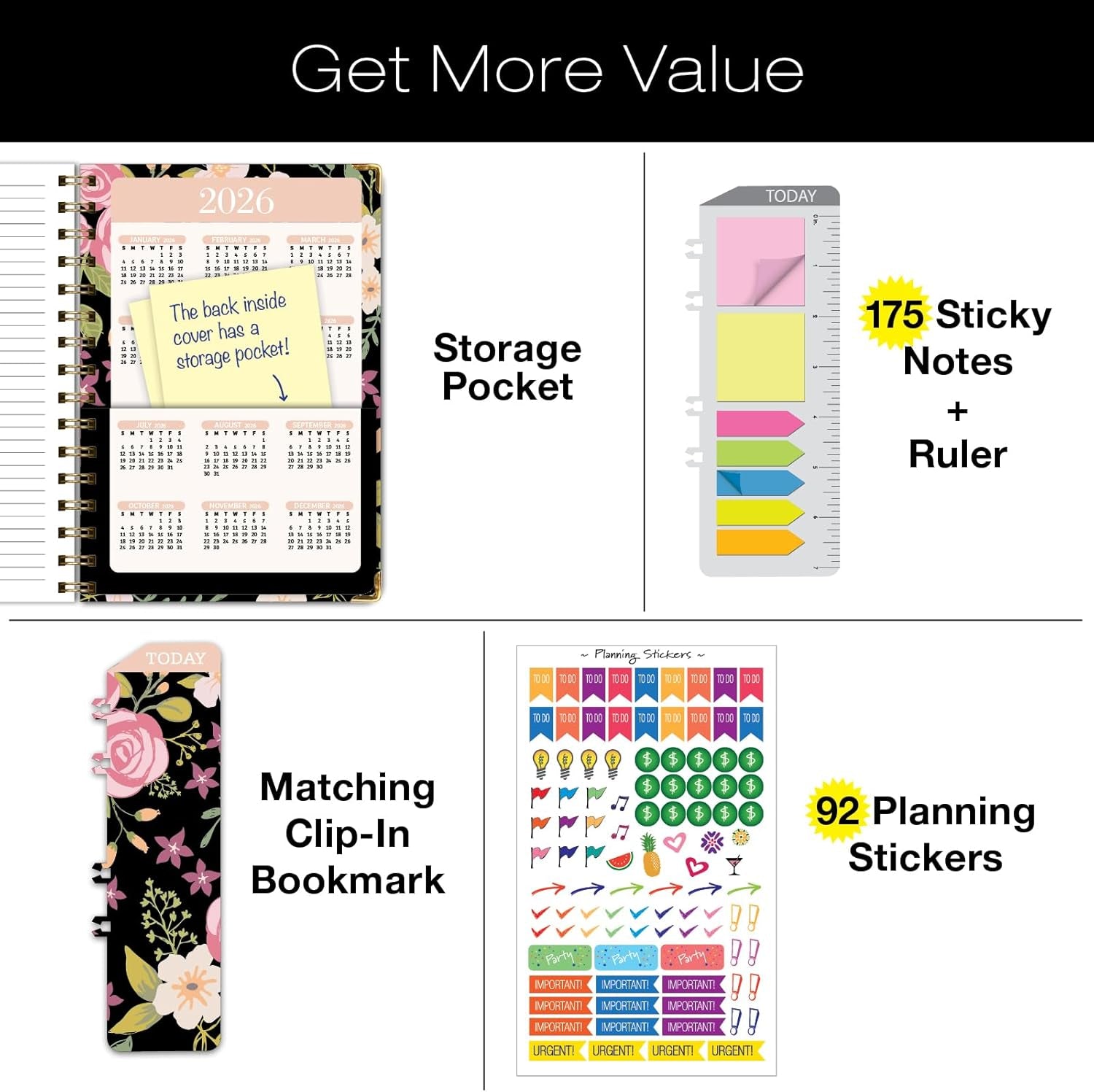 HARDCOVER 2025 Planner, 5.5"X8": 14 Months (November 2024 - December 2025), Daily Weekly Monthly Planner, Yearly Agenda, Bookmark, Pocket Folder and Sticky Note Set (Black Floral Pink)