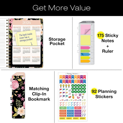 HARDCOVER 2025 Planner, 5.5"X8": 14 Months (November 2024 - December 2025), Daily Weekly Monthly Planner, Yearly Agenda, Bookmark, Pocket Folder and Sticky Note Set (Black Floral Pink)