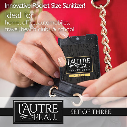 Antibacterial Travel Hand Sanitizer Spray with Aloe Vera by L’AUTRE PEAU - Unique Flat Credit Card Shape - Citrus Scented Mini Sparkle Pocket Size (3 Pack - 20ML, Sparkle Black,Red,Blue)