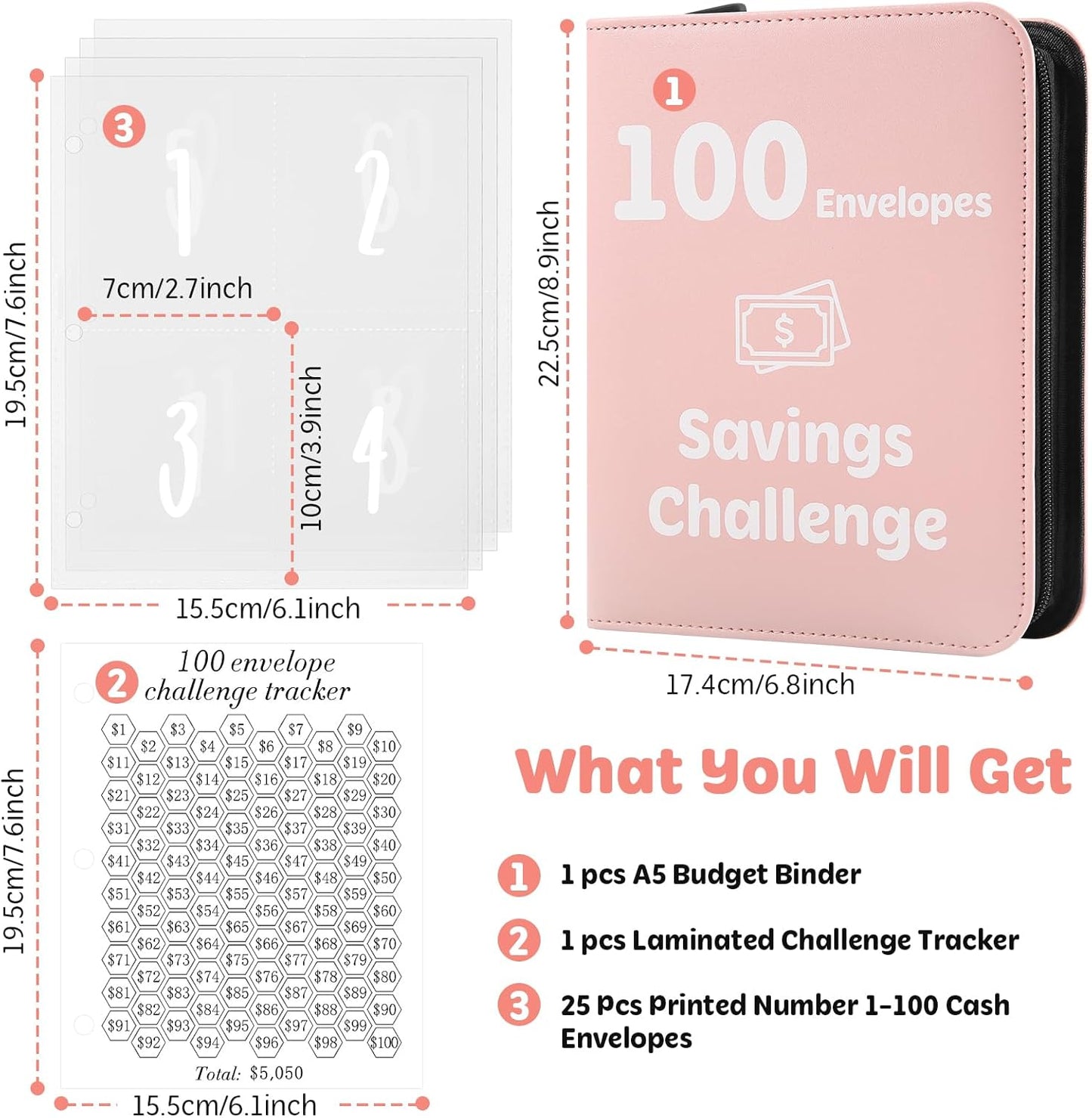 100 Envelopes Money Saving Challenge Binder with Laminated Tracker, Money Saving Challenge Budget Binder with Cash Envelopes, Savings Challenge Book with Zipper to save $5,050 (Pink)