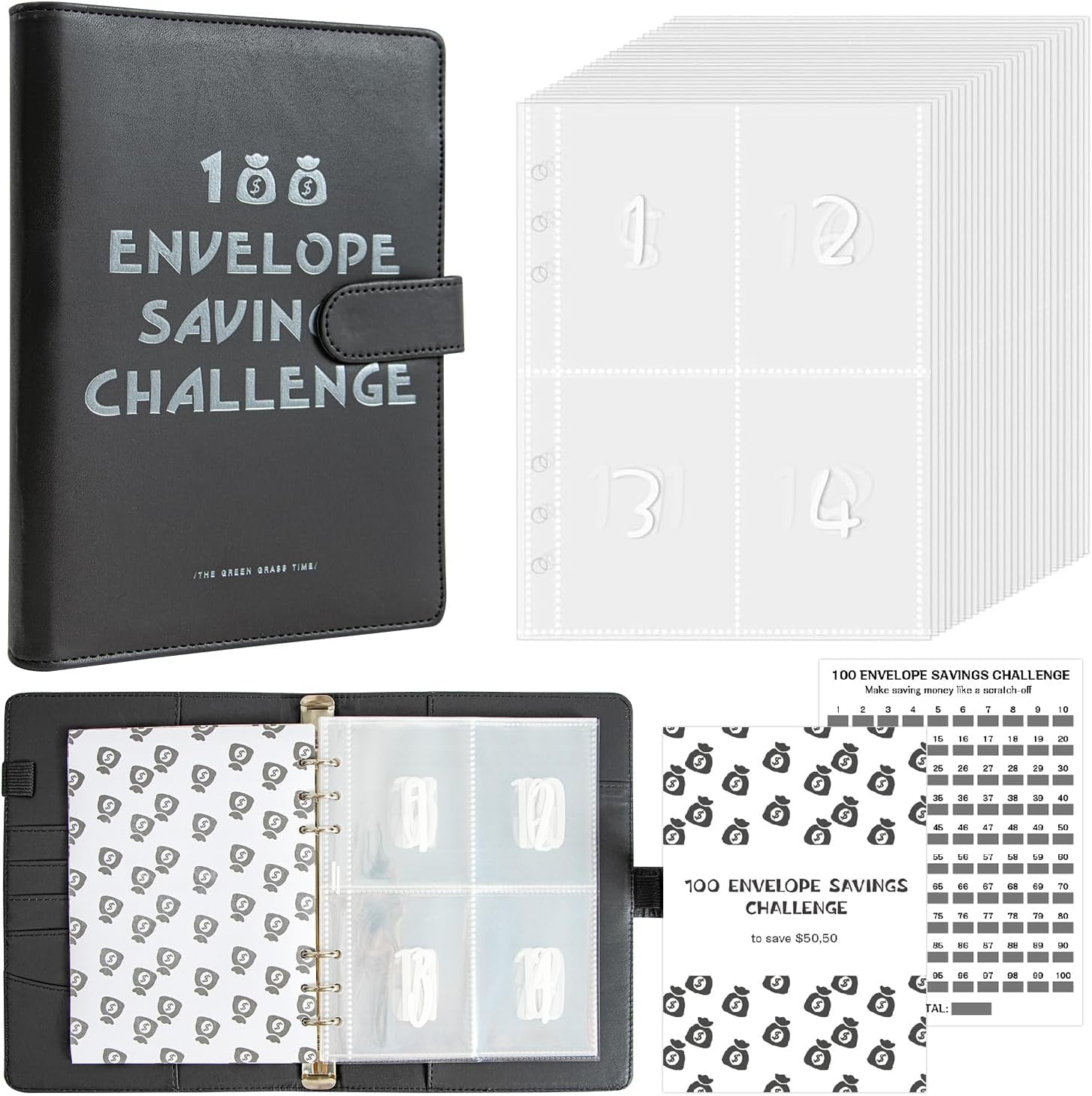 100 Envelopes Money Saving Challenge, Savings Challenges Book with Envelopes & Challenge Tracker, Motivational Process to save $5050, 100 Envelopes A5 Money Saving Budget Binder (Black)