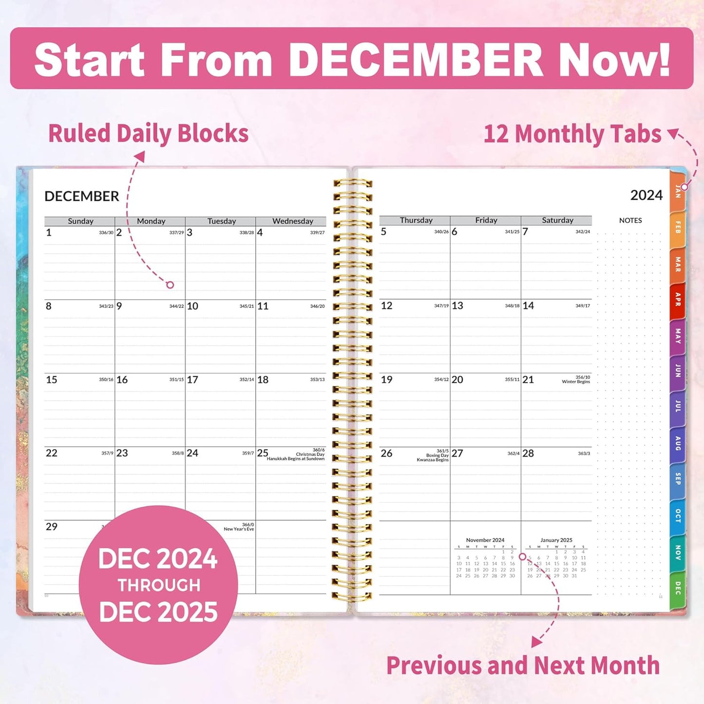 2025 Weekly and Monthly Planner - from January 2025 - December 2025, 8.5"X11" Daily Agenda Planner with Monthly Tab, Flexible Cover, Note Pages, Pockets, Bookmark, Spiral Binding, Marble