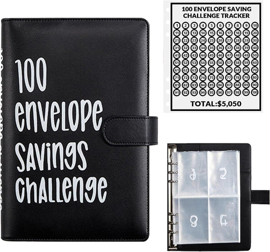 100 Envelopes Money Saving Challenge, 100 Envelope Challenge Binder, Easy and Fun Way to save $5,050, Savings Challenges Budget Book Binder with Cash Envelopes for Office,Home,School (Black)