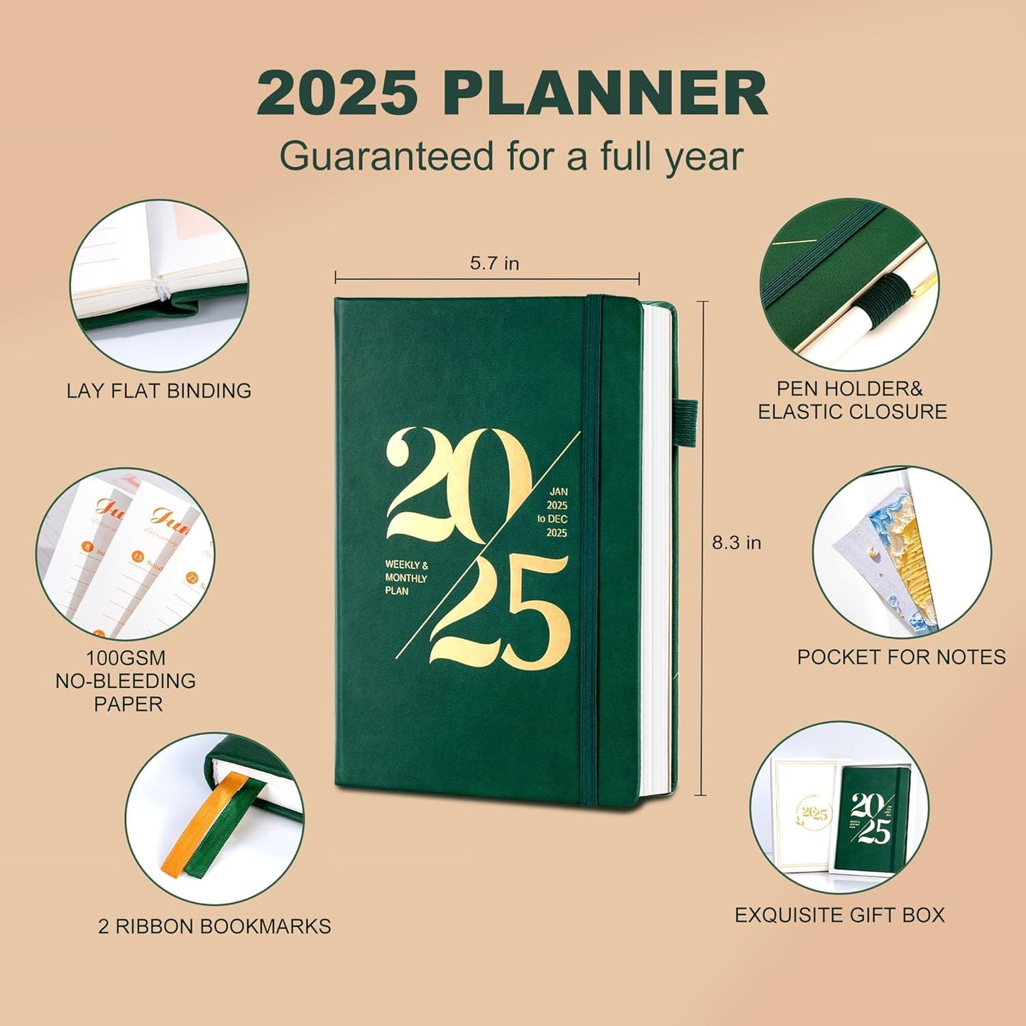 2025 Planners for Women 2025 Planner Weekly and Monthly with Stickers& Pocket Hardcover Leather 2025 Calendar Monthly Daily Planner Agenda for Men, 5X8, Green