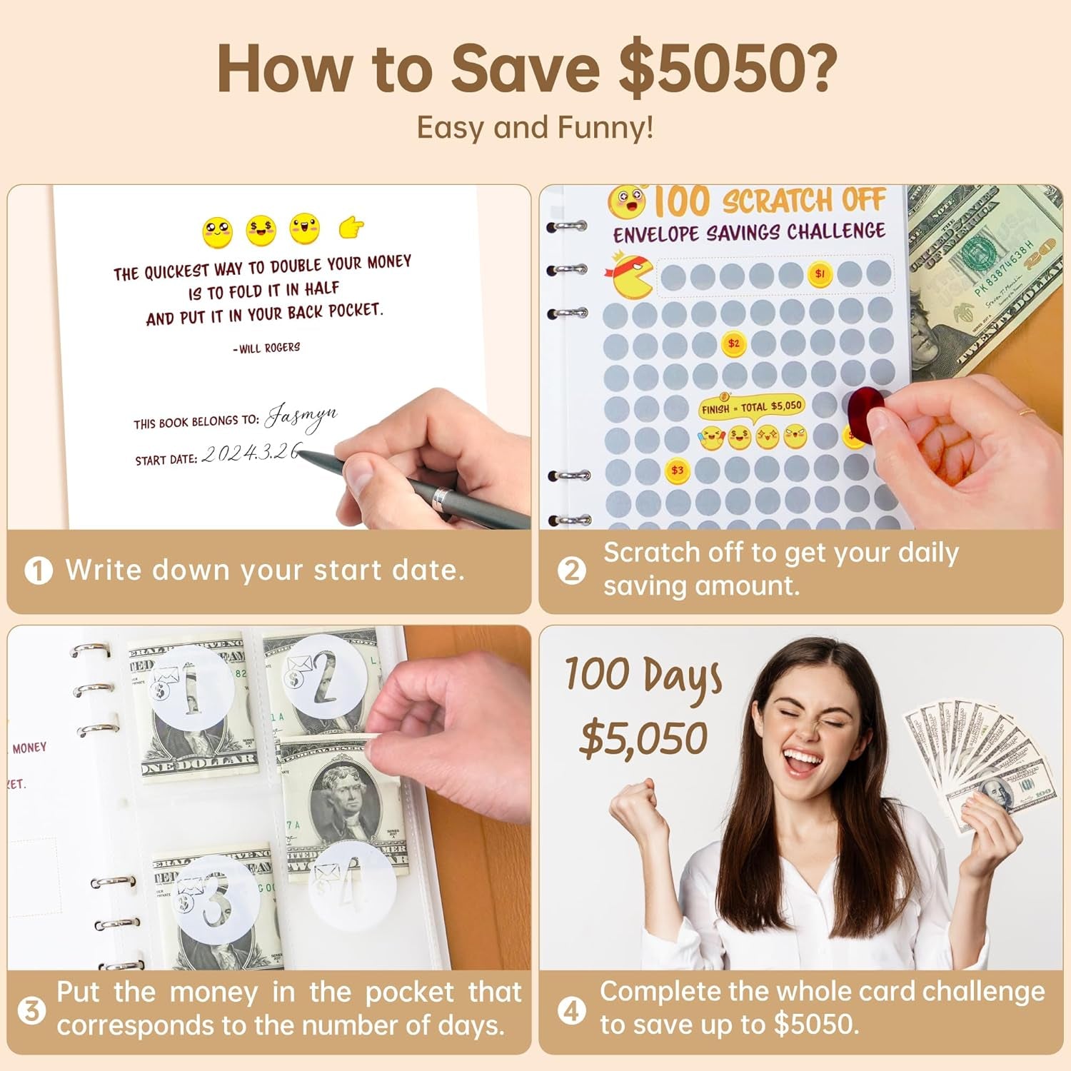 100 Envelopes Money Saving Challenge with 2 Scratch-Off Cards of $5050 - Unknown Random Daily Money,100 Day Challenge Money Saving Binder Budget Planner, Leather Cover Budget Book for Cash 2024