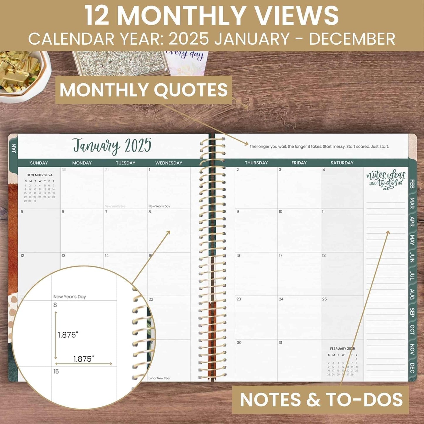 2025 (8.5" X 11") Calendar Year Day Planner (January 2025 - December 2025) - Weekly/Monthly Dated Agenda Organizer with Stickers & Tabs - Earthy Abstract, Green