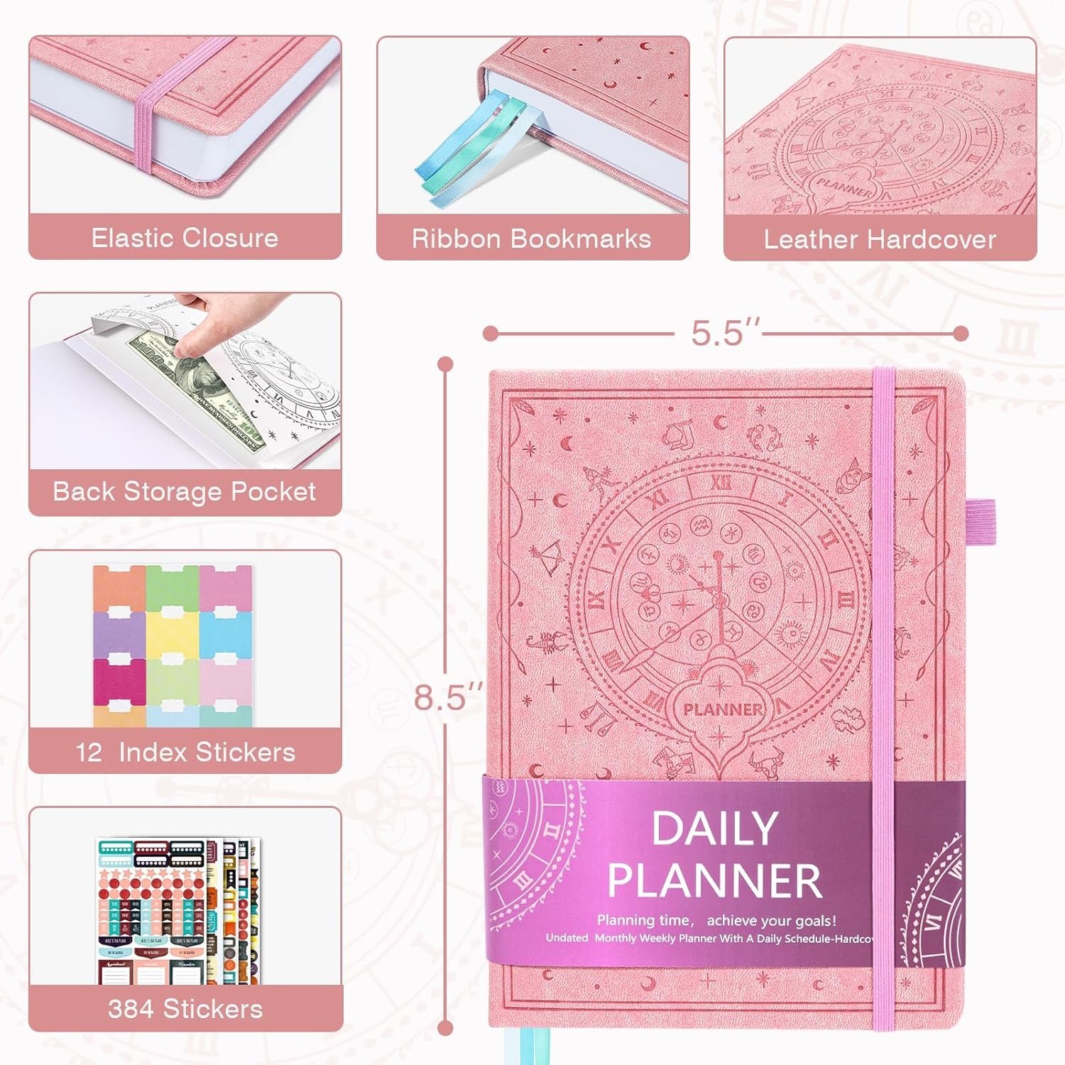 2025 Leather Undated Daily Planner (5.5 X 8.5''), Weekly & Monthly Life Planner, Organizer Notebook & Productivity Journal. A5 Hardcover with Stickers(Pink)