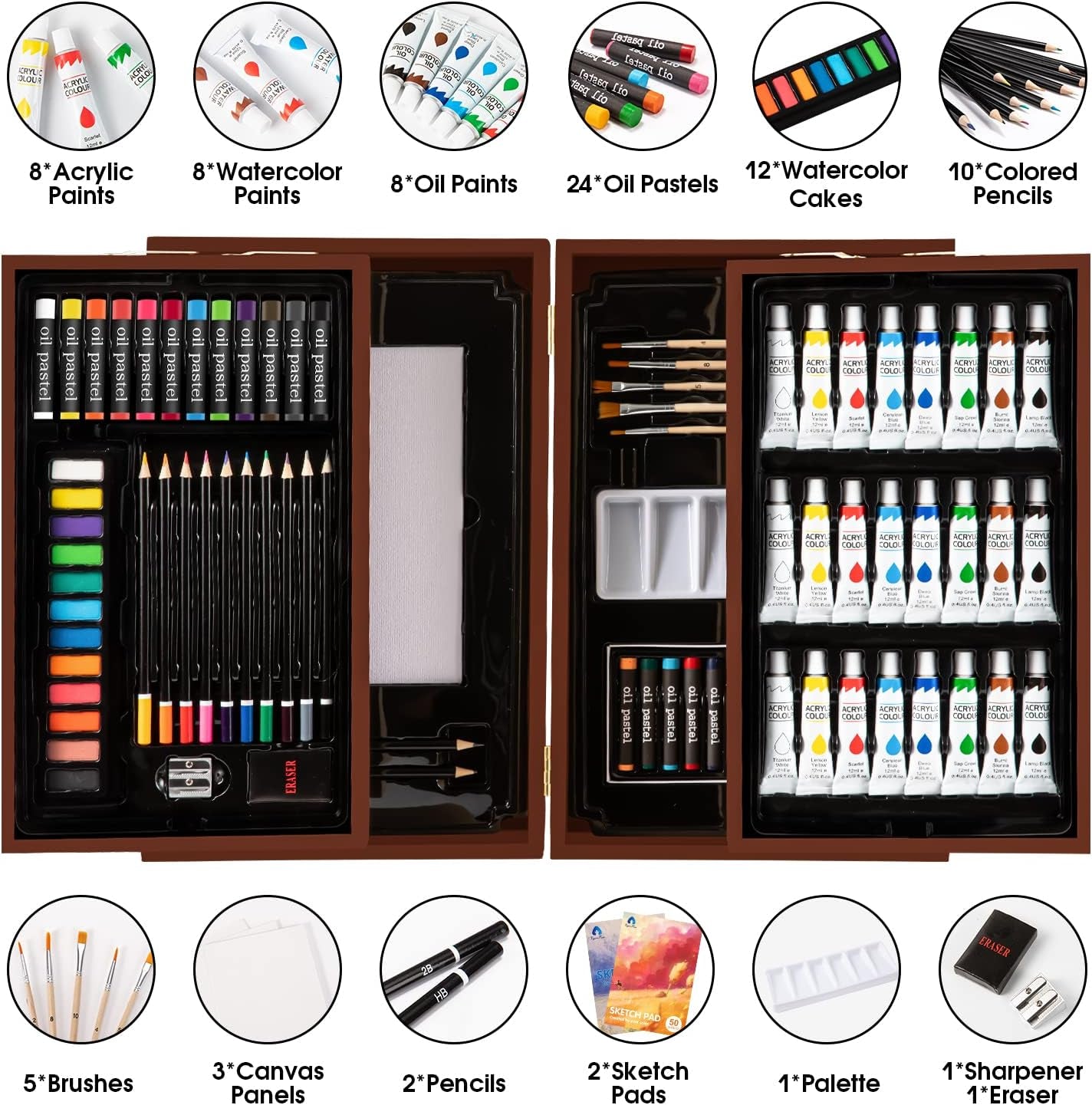 Art Supplies,  Deluxe Wooden Art Set Crafts Drawing Painting Kit with 2 Sketch Pads, Oil Pastels, Acrylic, Watercolor Paints, Creative Gifts Box for Adults Artist Kids Teens Girls