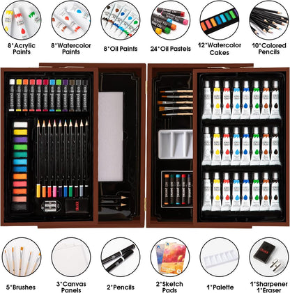 Art Supplies,  Deluxe Wooden Art Set Crafts Drawing Painting Kit with 2 Sketch Pads, Oil Pastels, Acrylic, Watercolor Paints, Creative Gifts Box for Adults Artist Kids Teens Girls