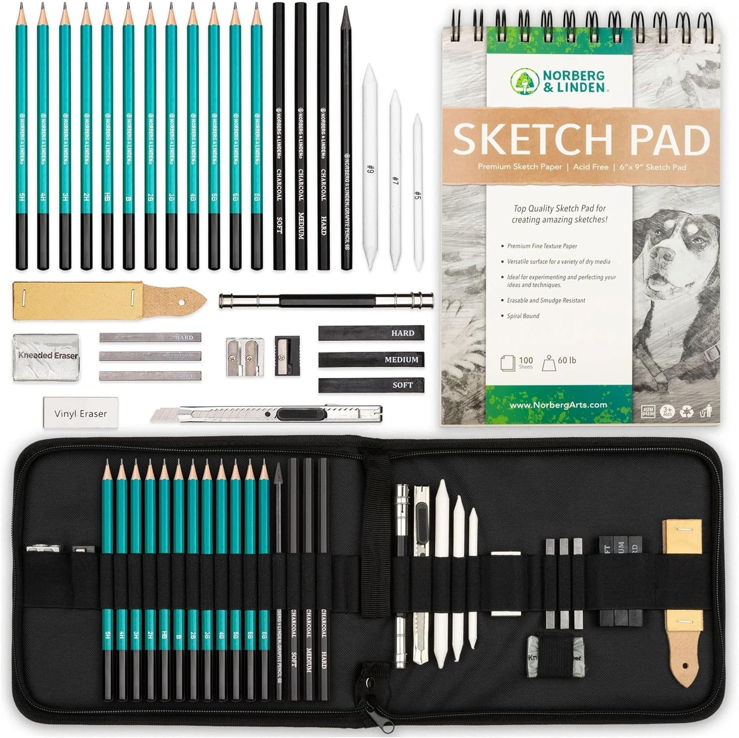 XL Drawing Set - Sketching, Graphite and Charcoal Pencils. Includes 100 Page Drawing Pad, Kneaded Eraser, Blending Stump. Art Kit and Supplies for Kids, Teens and Adults