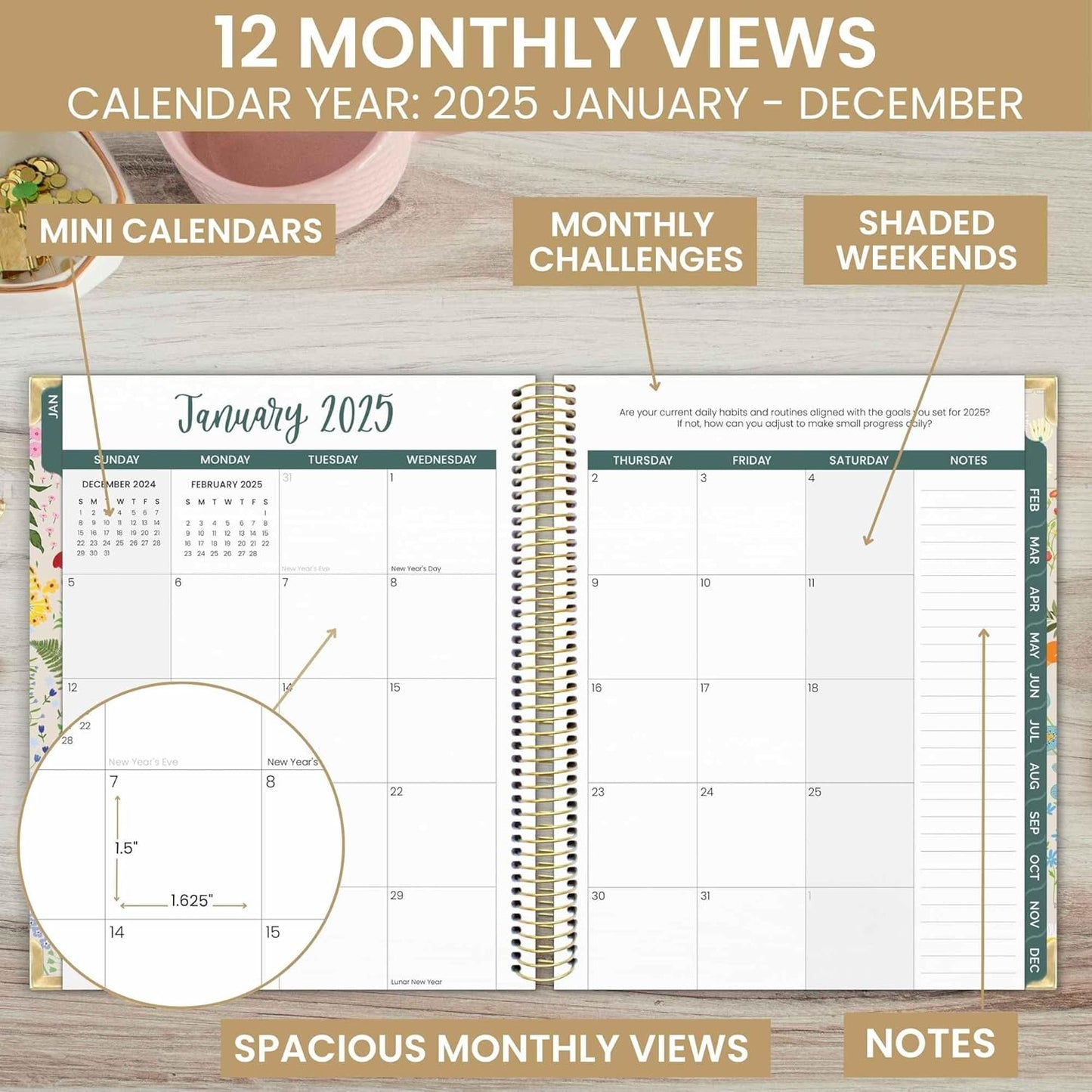 2025 Hardcover Calendar Year Goal & Vision Planner (January 2025 - December 2025) - Monthly/Weekly Column View Agenda Organizer - 7.5" X 9" - Garden Party, Beige