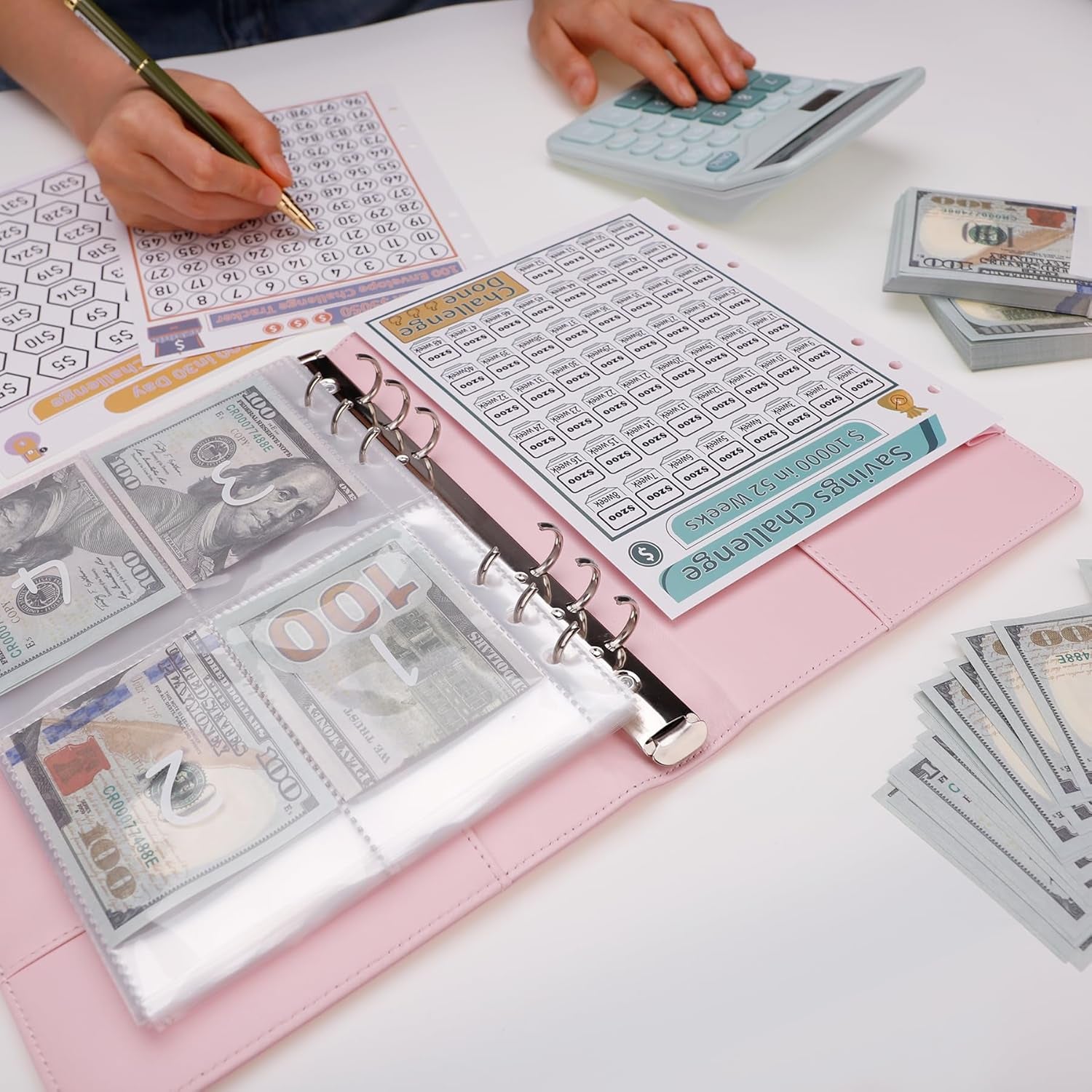 100 Envelopes Challenge Binder Money Savings Challenges Book to save $5,050 and $10,000 and $500, A5 Money Saving Planner Cash Envelope Budget Binder, Pink