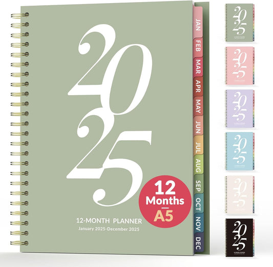 2025 Planner Weekly and Monthly, Jan - Dec 2025, Aesthetic Agenda Book Planner for Women, 8.3”X 6”Calender Planner with Spiral Bound, Month Tab, Flexible Cover for School, Office (A5,Green)