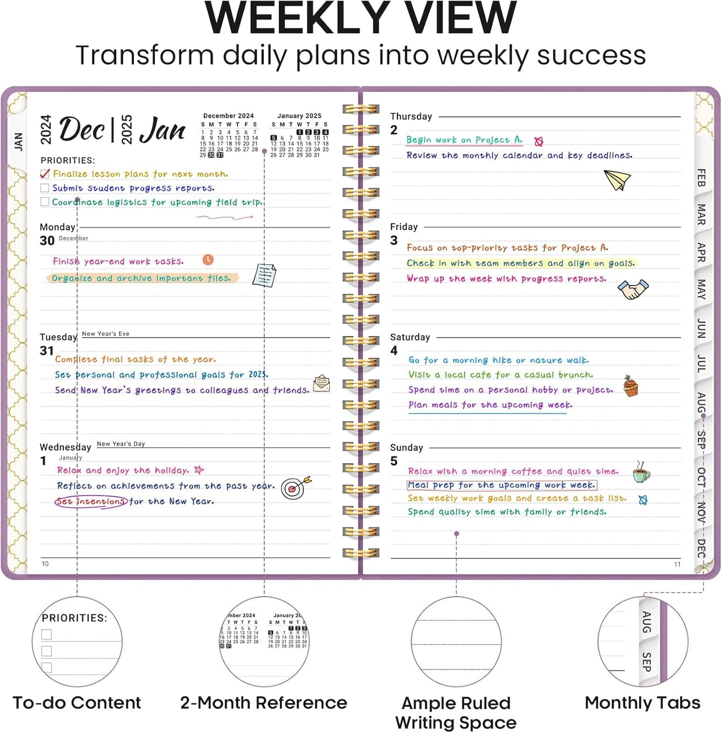 2025 Planner, Weekly and Monthly Calendar Planner Book, January 2025 - December 2025, Hardcover Planner 2025 with Monthly Tabs, Notes Pages, Spiral Bound, Inner Pocket, A5 (6.4" X 8.5") - Purple