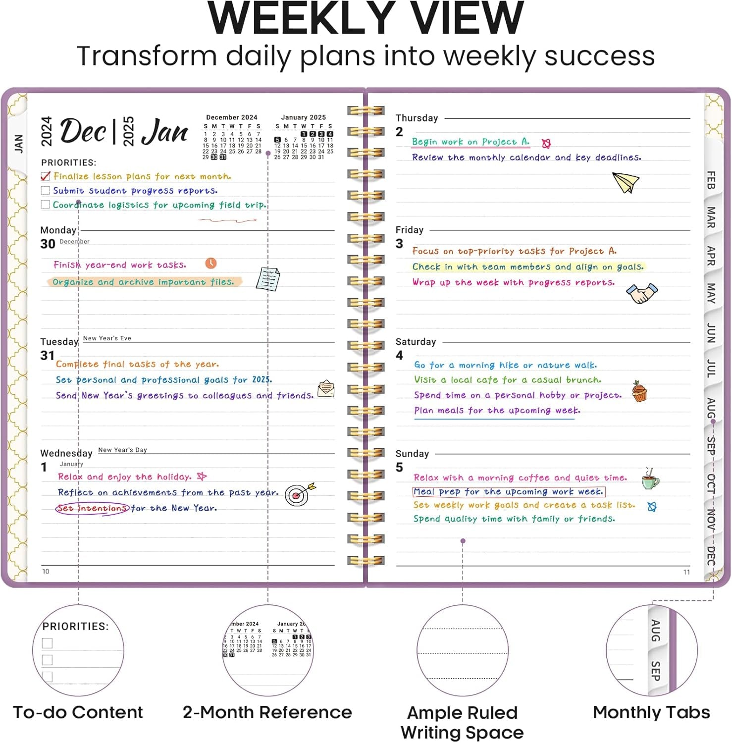 2025 Planner, Weekly and Monthly Calendar Planner Book, January 2025 - December 2025, Hardcover Planner 2025 with Monthly Tabs, Notes Pages, Spiral Bound, Inner Pocket, A5 (6.4" X 8.5") - Purple