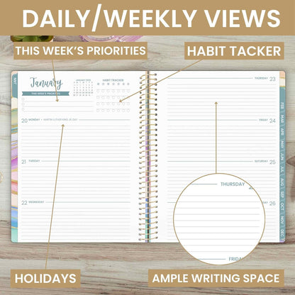 2025 Planner (8.5" X 11") Calendar Year Day Planner (January 2025 - December 2025) - Weekly & Monthly Agenda Organizer with Stickers & Tabs - Watercolor Waves